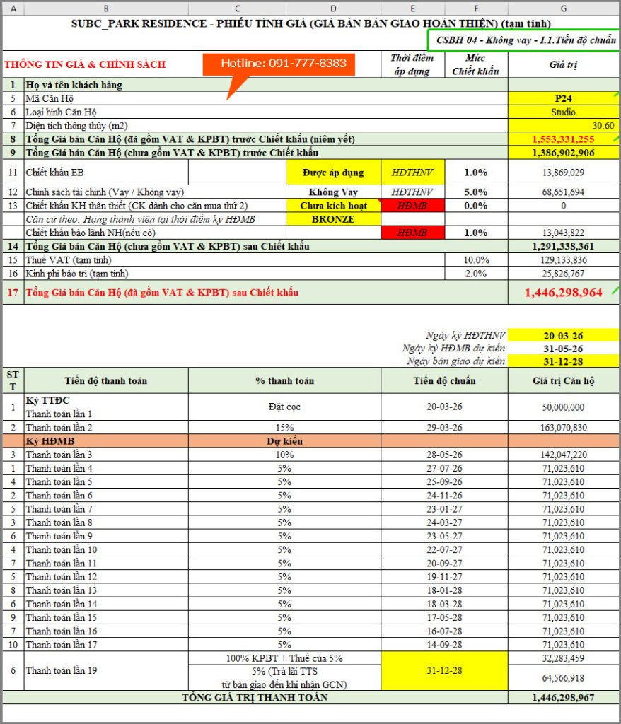 Giá Studio Sun Urban City không vay thanh toán theo tiến độ